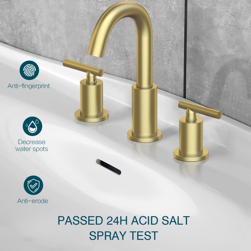 TRUSTMI Bathroom Faucet 3 Hole Brushed Gold - 8 Inch Widespread Brass Bathroom Vanity Sink Faucets in Gold with Swivel Spout, Include Overflow Drain and cUPC Supply Lines - Image 3